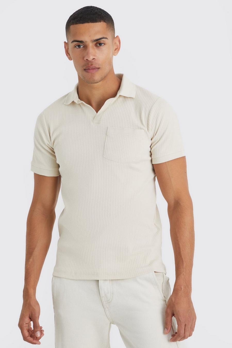 Geripptes Slim-Fit Poloshirt mit V-Ausschnitt, Ecru