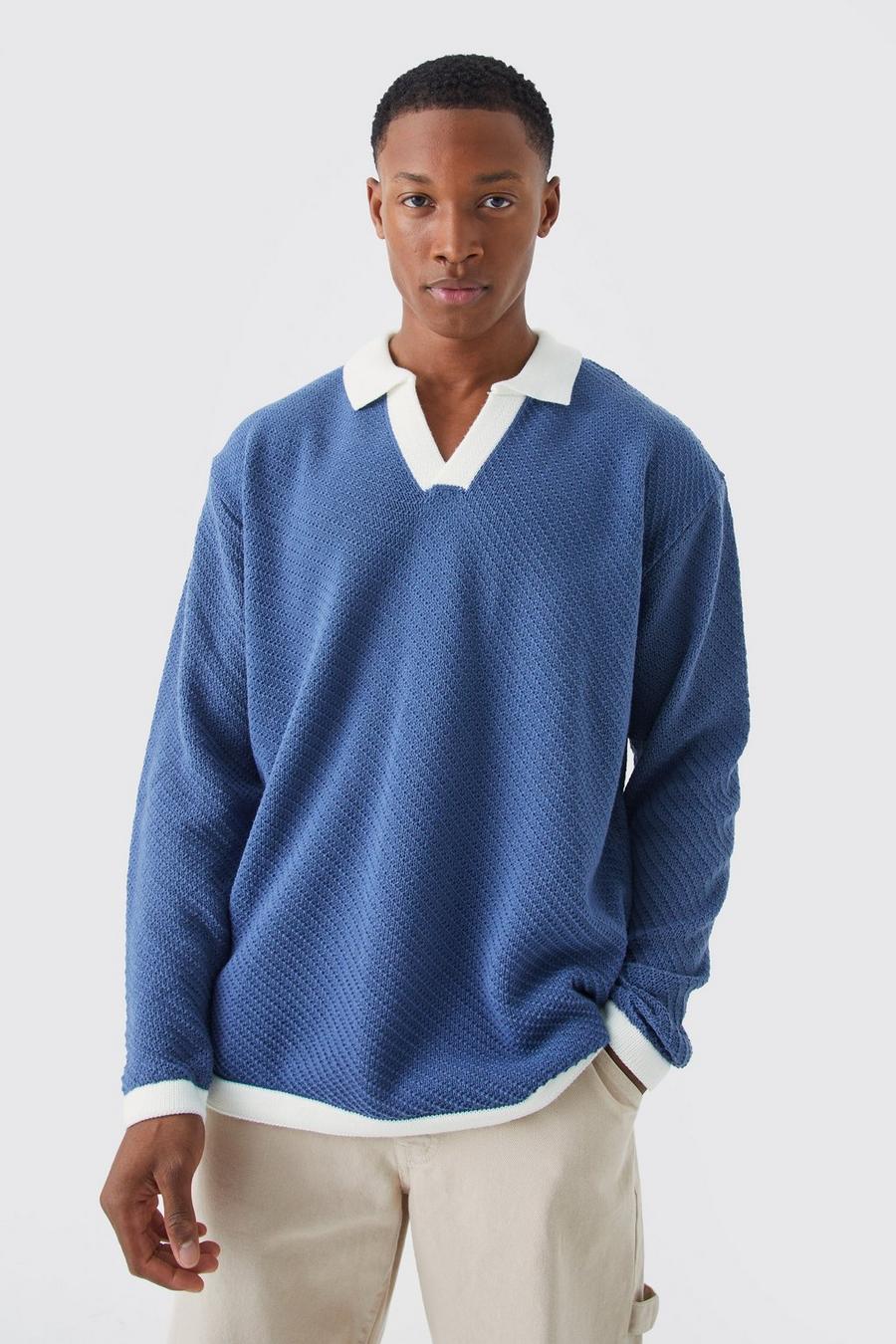 Blue Oversized Gebreide Polo Met Lange Mouwen En Contrasterende Kraag