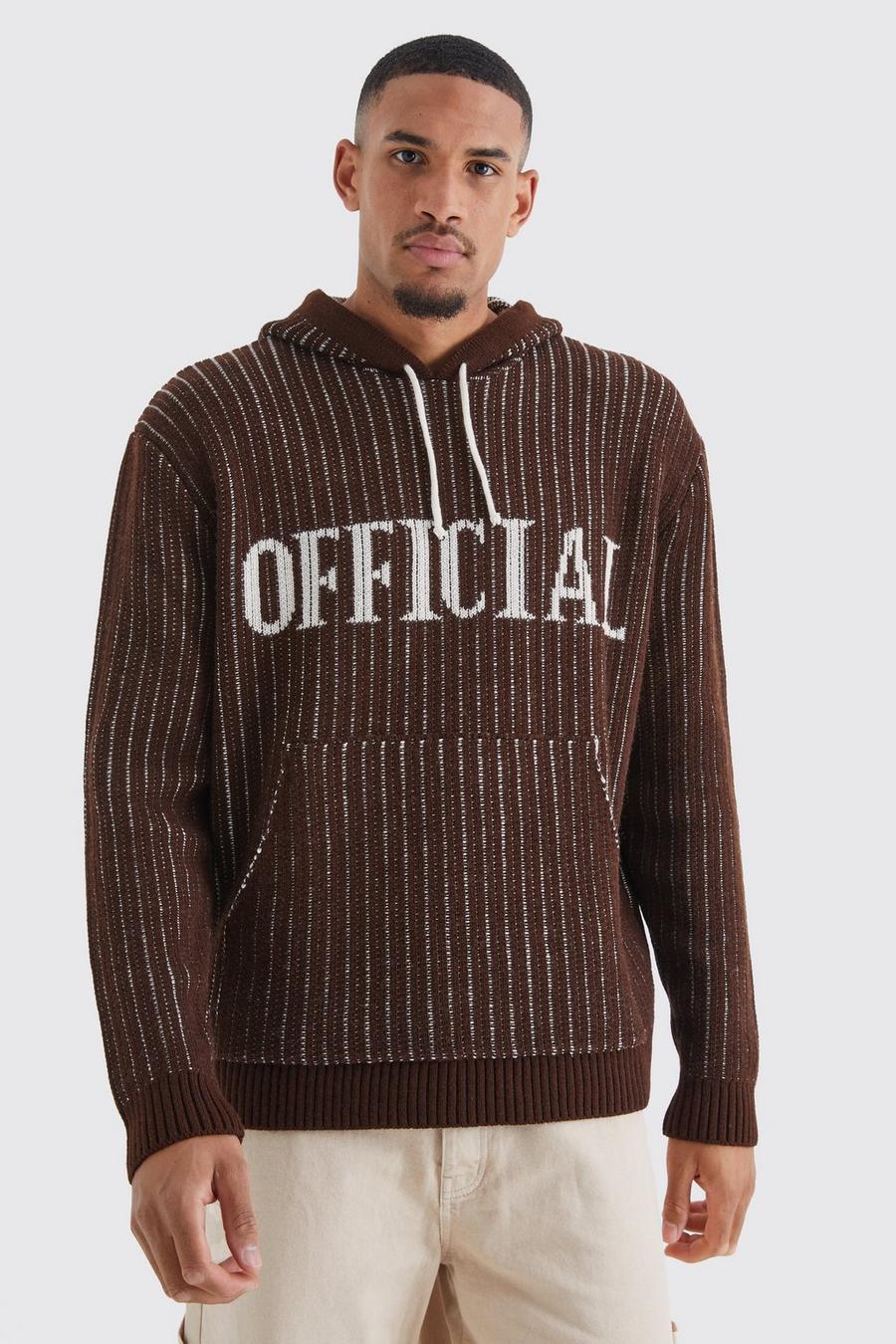 Tall gerippter Oversize Strick-Hoodie, Brown image number 1