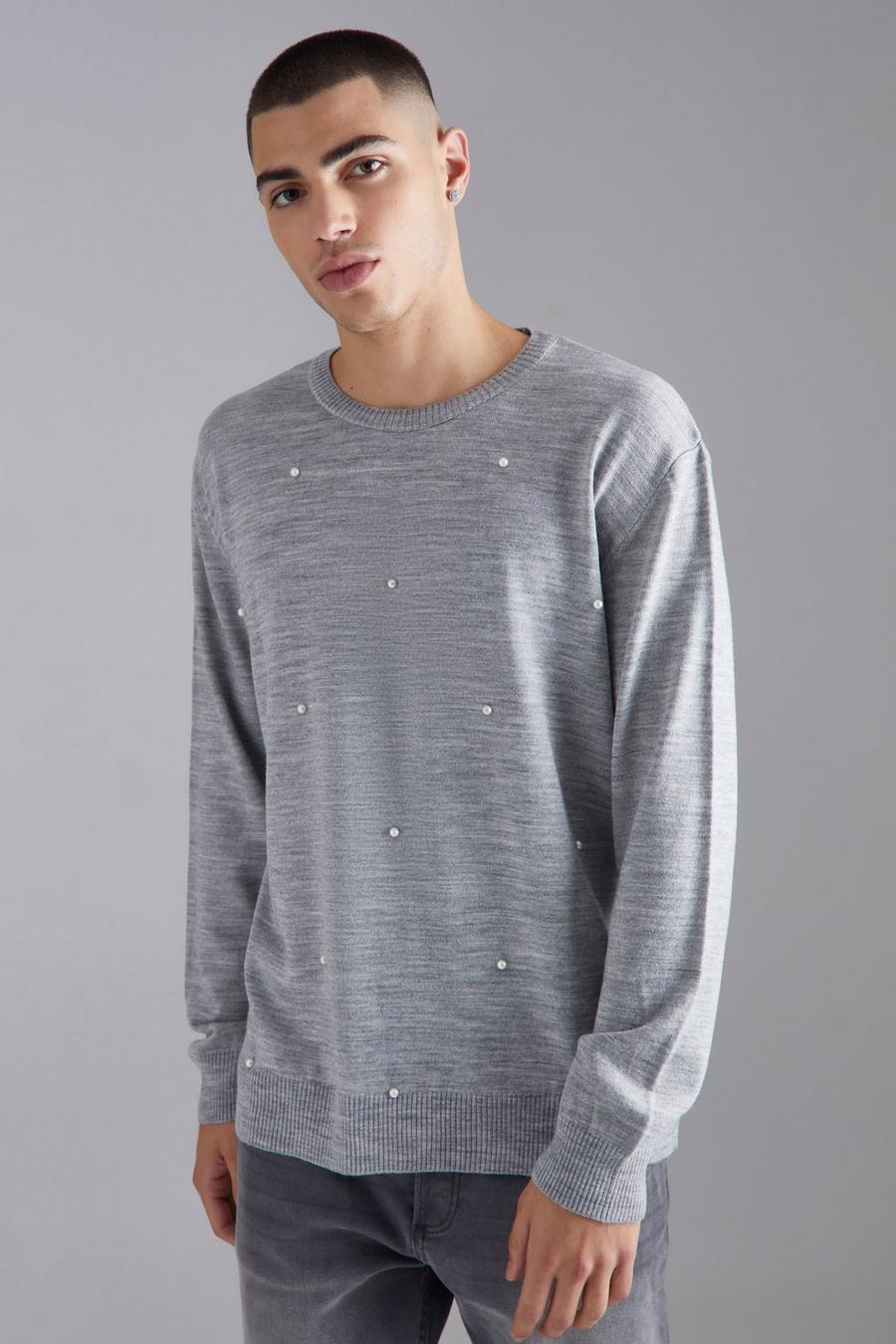 Light grey Relaxed All Over Pearl Embellished Knit Jumper