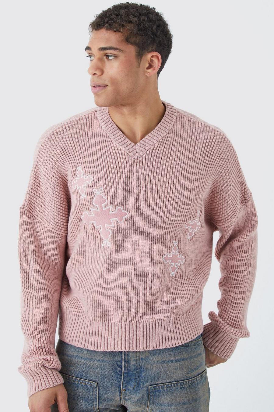Pink Oversized Boxy Applique Cross Embroided Jumper