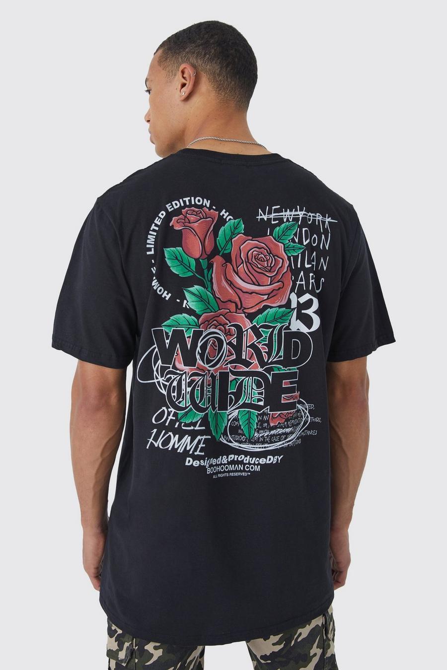T-shirt Tall lunga Worldwide con grafica di rose, Black