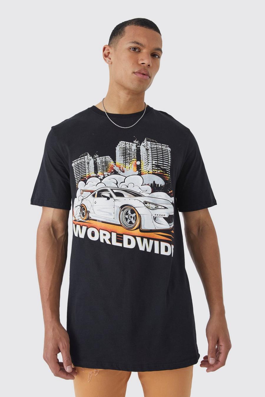 T-shirt Tall lunga Worldwide con grafica di auto, Black