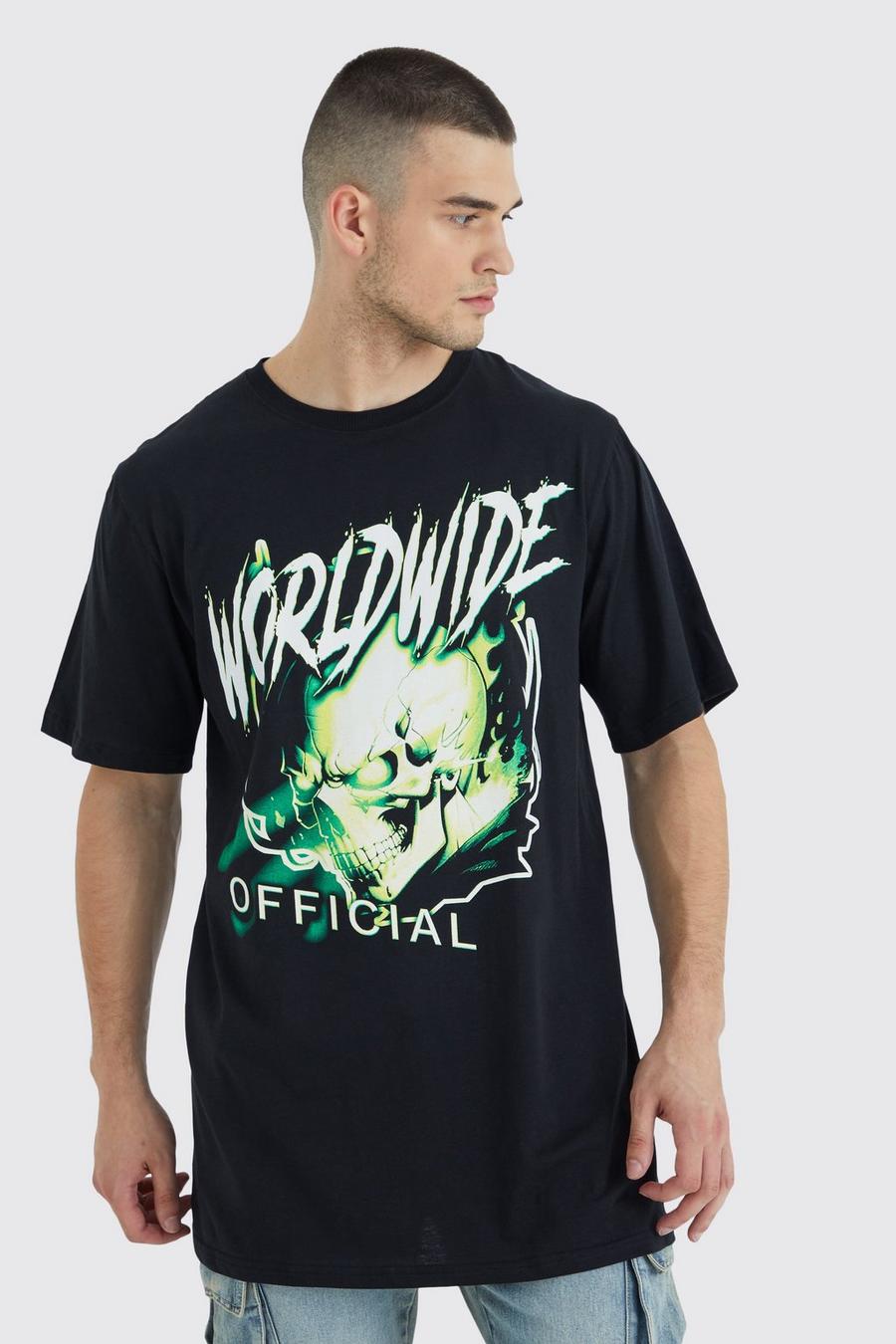 Black Tall Longline Worldwide Skull Graphic T-shirt image number 1