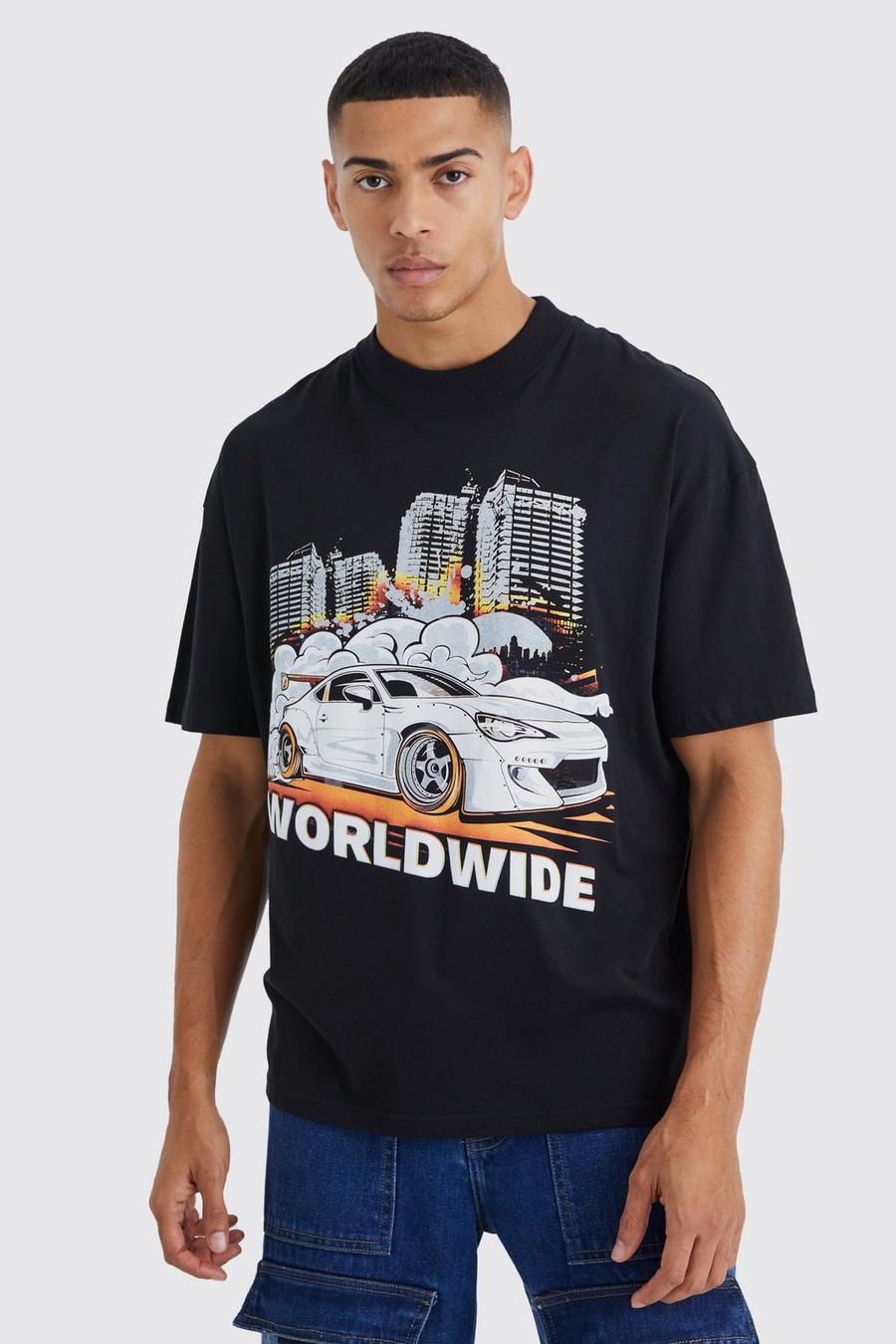 T-shirt oversize à imprimé voiture, Black