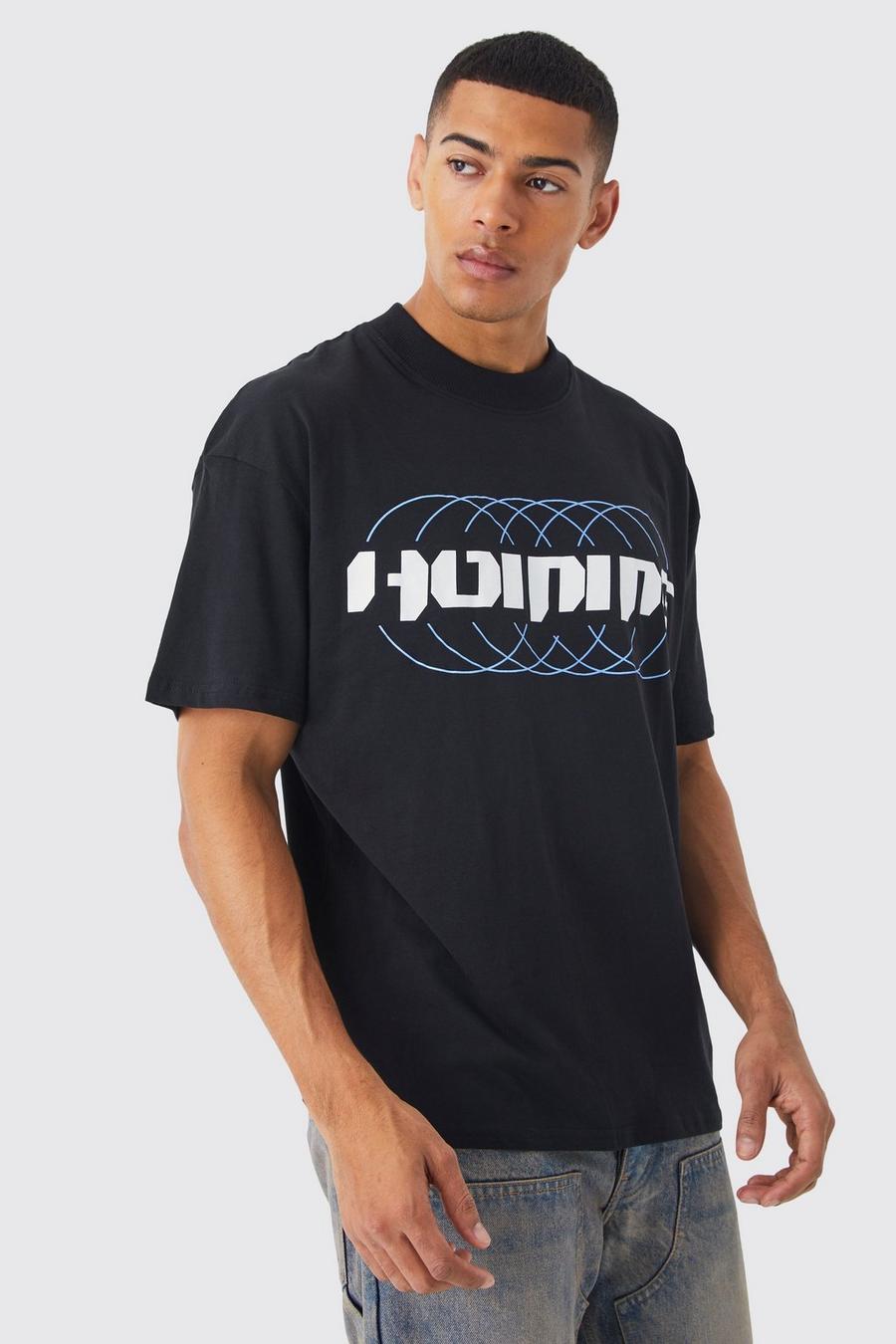 Camiseta oversize con estampado gráfico Homme y cuello Ex, Black image number 1
