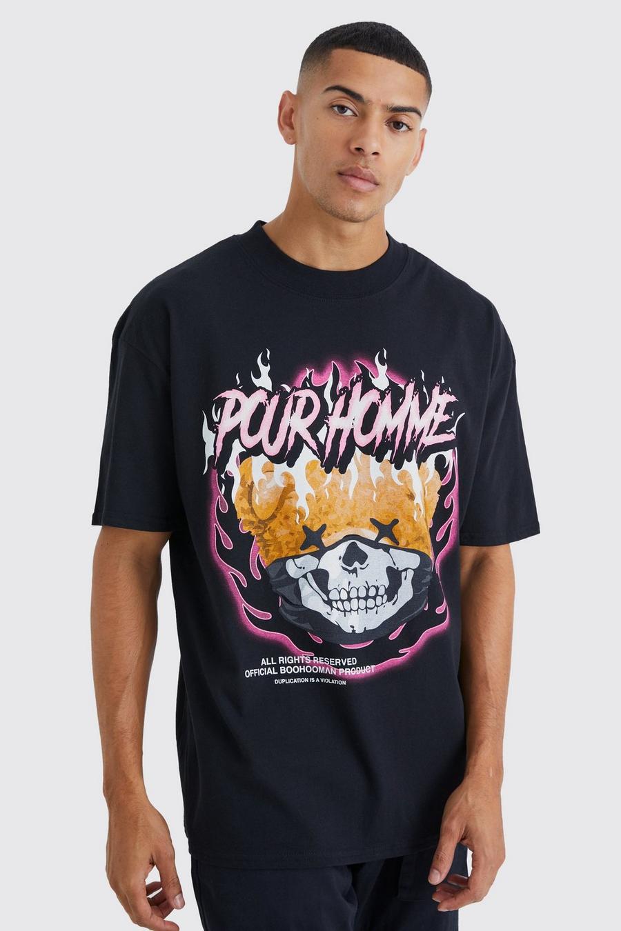 Camiseta oversize con estampado gráfico Pour Homme de oso, Black