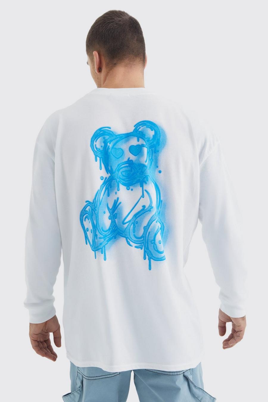 T-shirt à manches longues et imprimé ours en peluche, White
