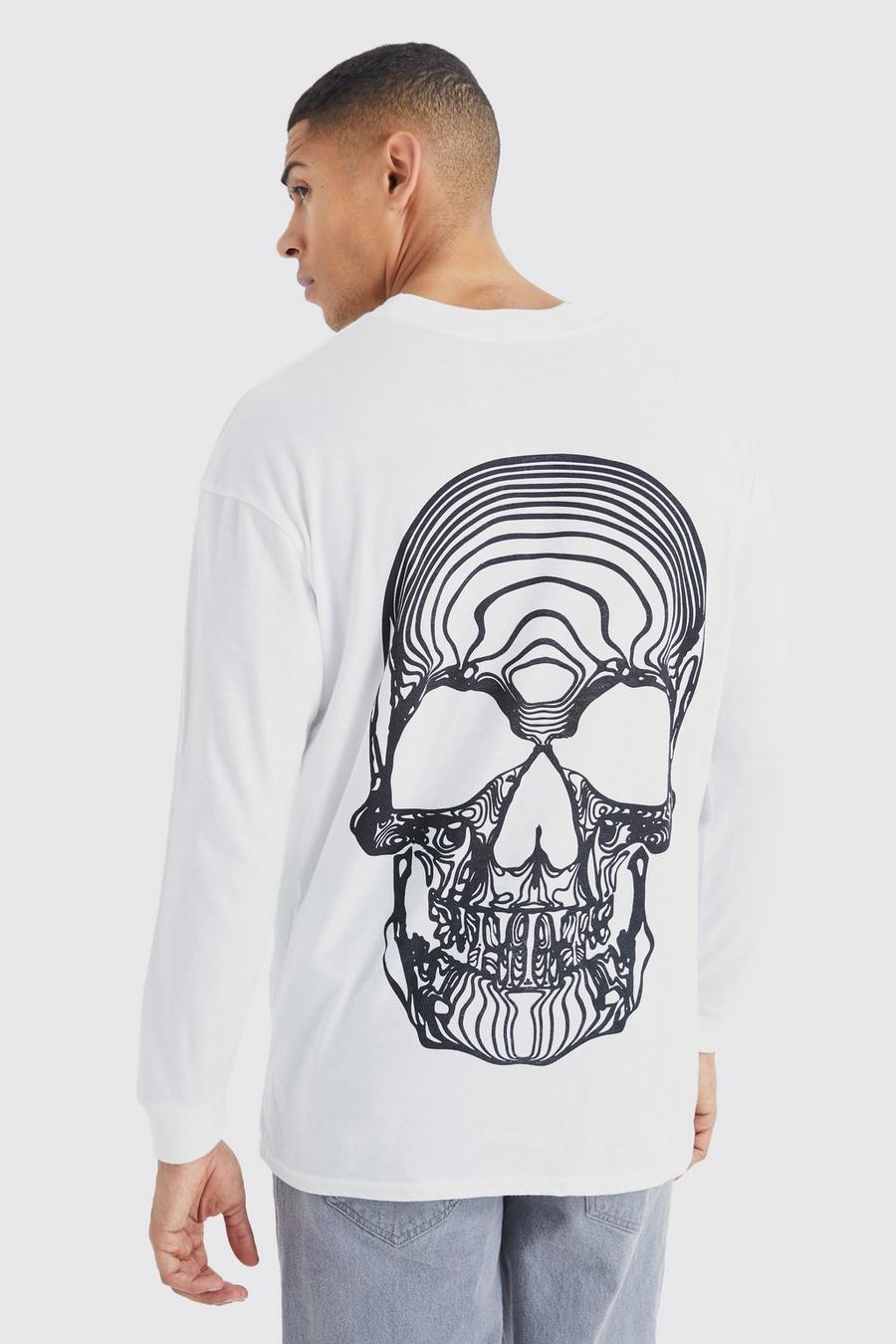 Camiseta oversize de manga larga con estampado gráfico de calavera, White