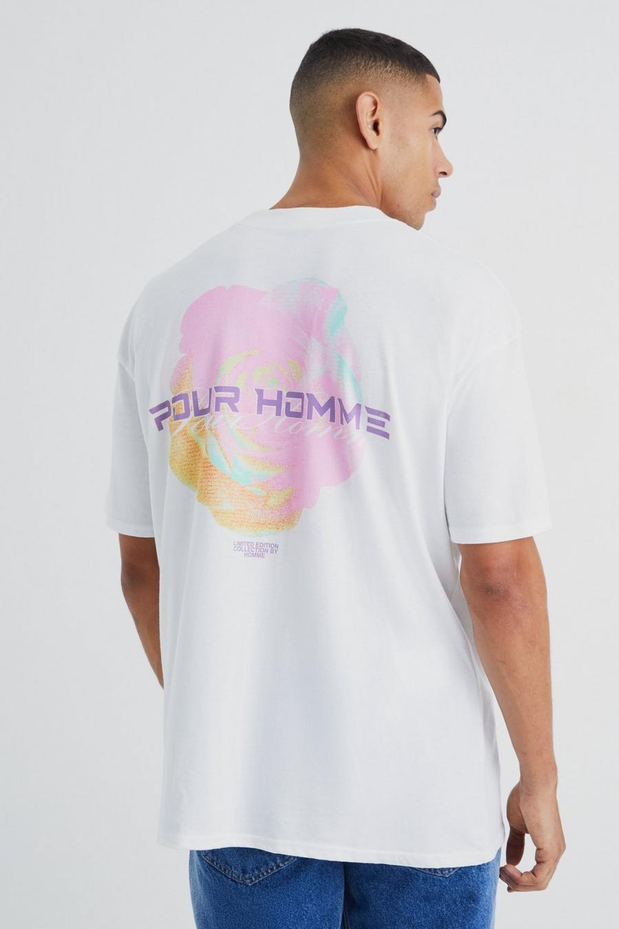 Oversize T-Shirt mit Pour Homme Rosen-Print, White
