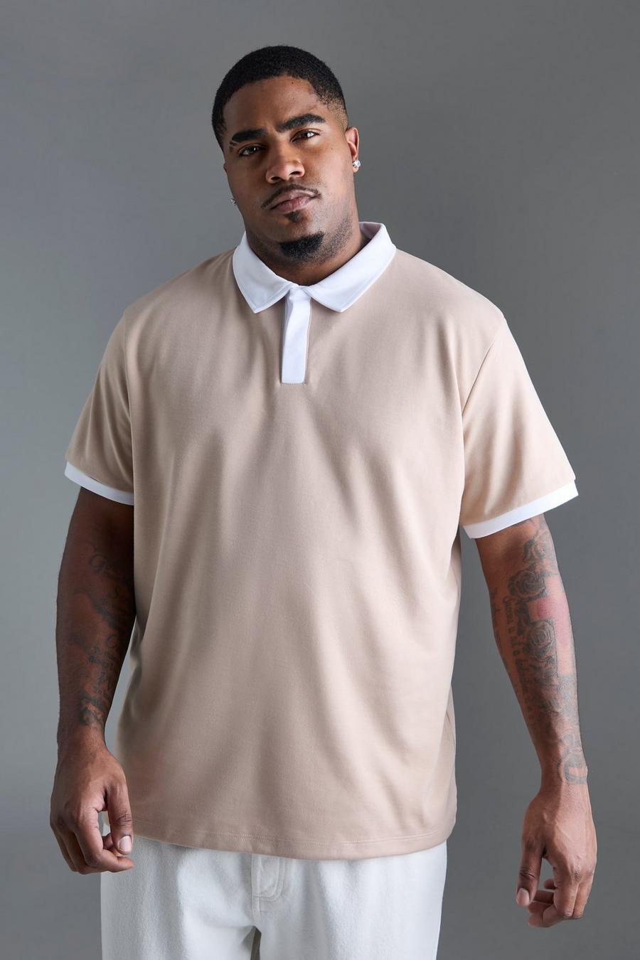 Taupe Plus Slim Fit Interlock Contrast Collar Polo  image number 1
