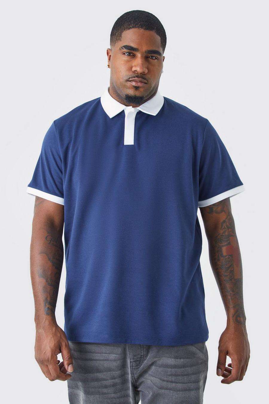 Plus Slim-Fit Poloshirt mit Kontrast-Kragen, Navy