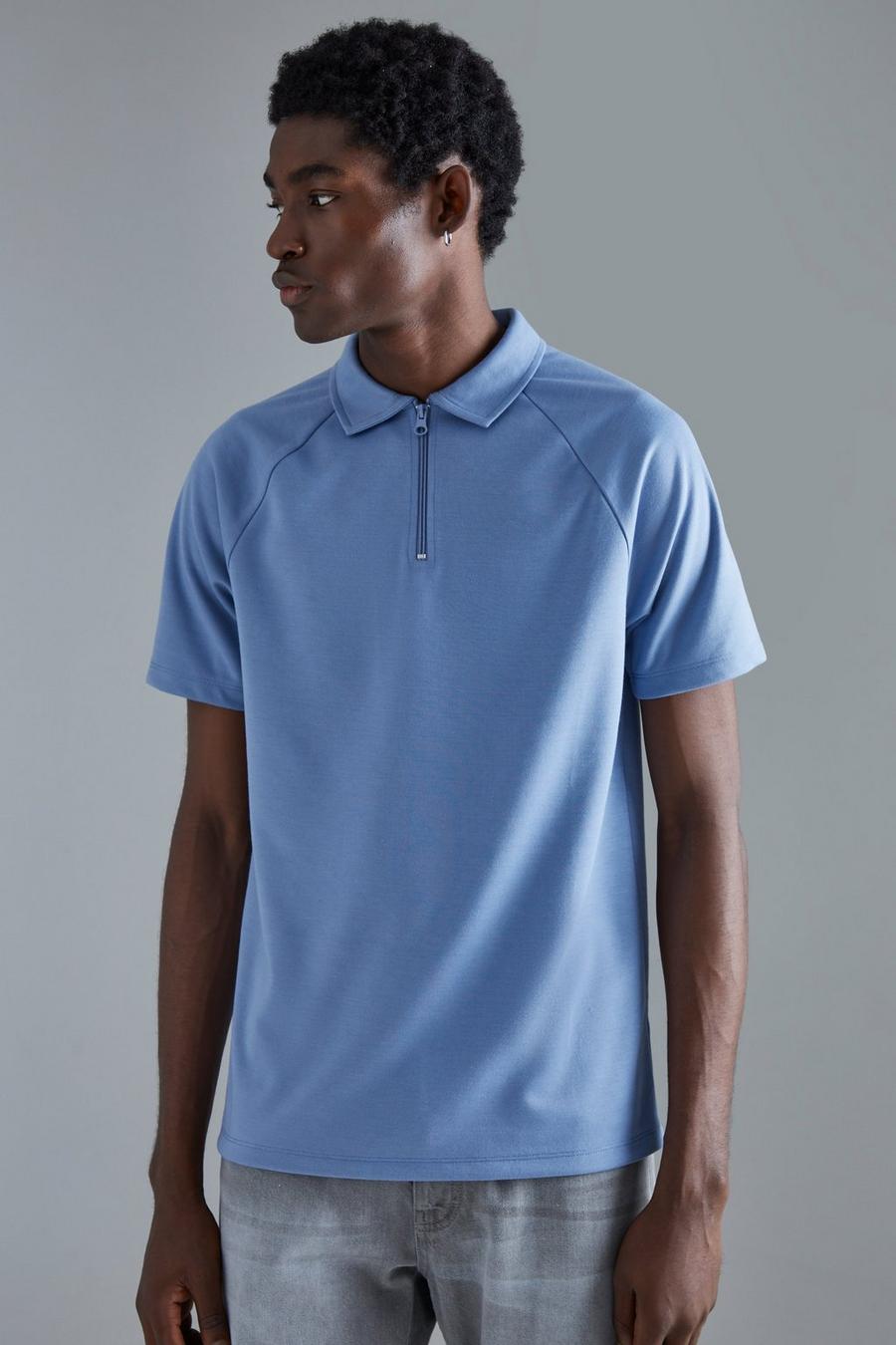 Slim-Fit Raglan Poloshirt mit Reißverschluss, Dusty blue