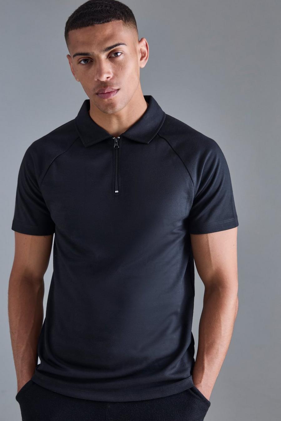 Slim-Fit Raglan Poloshirt mit Reißverschluss, Black