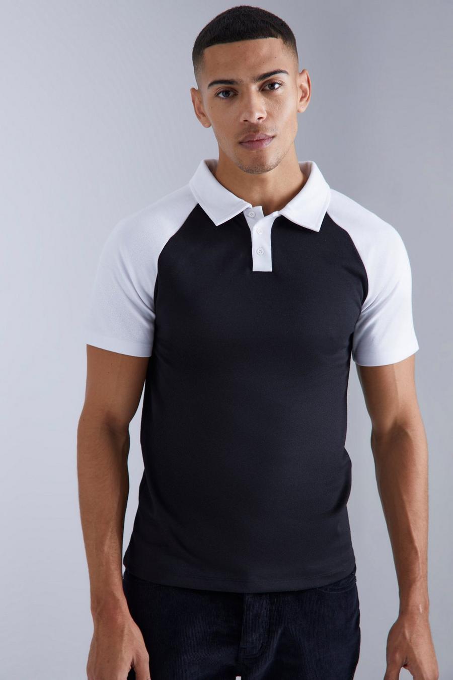 Slim-Fit Raglan Colorblock Poloshirt, Black
