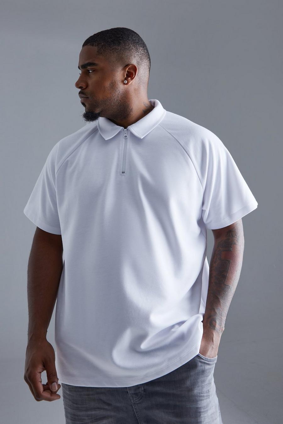 Plus langärmliges Slim-Fit Raglan Poloshirt, White