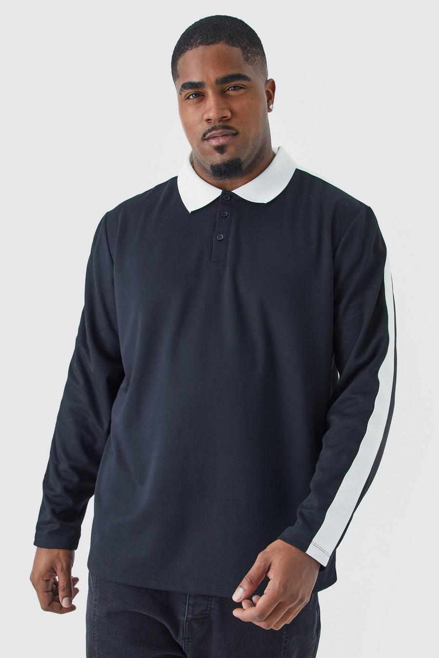 Polo Plus Size Man Slim Fit a maniche lunghe in maglia intrecciata con striscia, Black