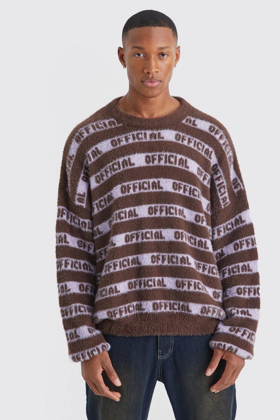 Flauschiger Oversize Pullover mit Official-Streifen, Chocolate