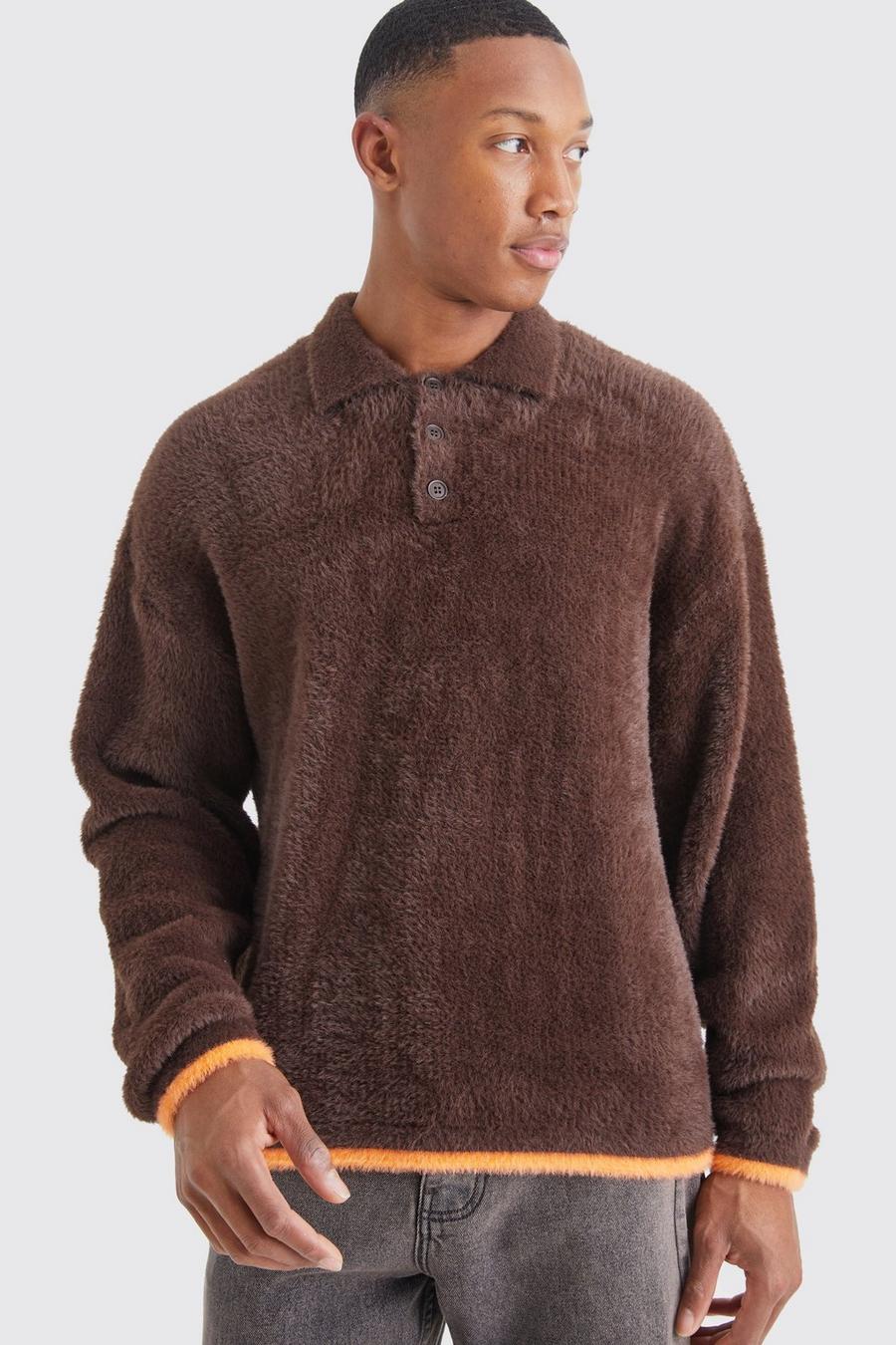 Chocolate Boxy Fluffy Knitted Polo With Tipping