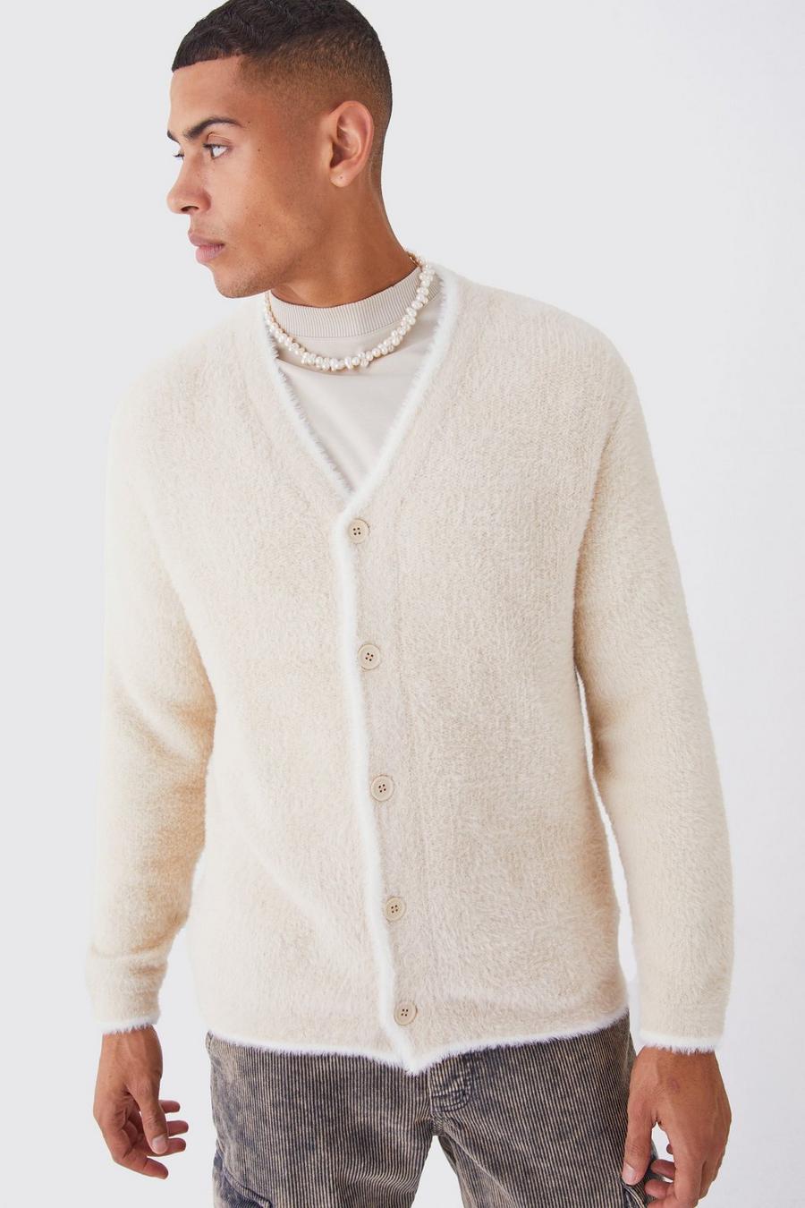 Stone Baggy Pluizige Cardigan Met Contrasterende Zoom