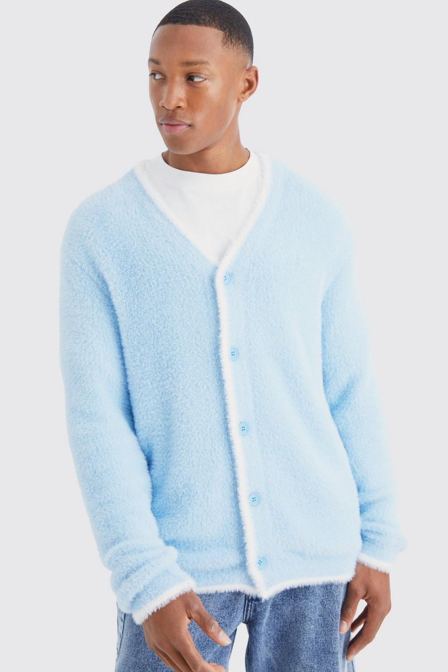 Pale blue Relaxed Fluffy Cardigan With Tipping