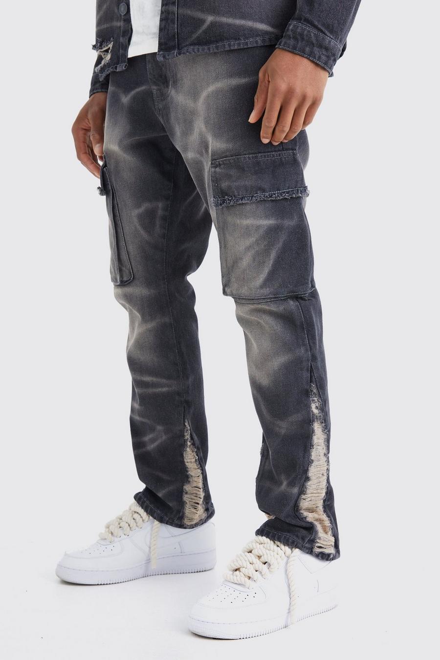 Jeans Cargo Slim Fit in denim rigido sovratinti a effetto consumato, Black image number 1