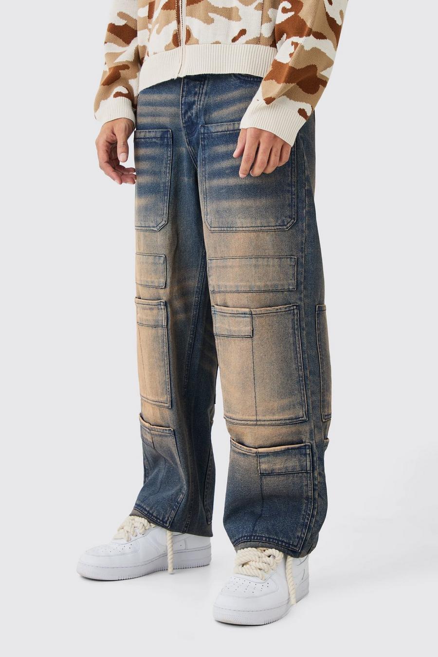 Pink Baggy Rigid Overdyed Multi Pocket Cargo Jeans