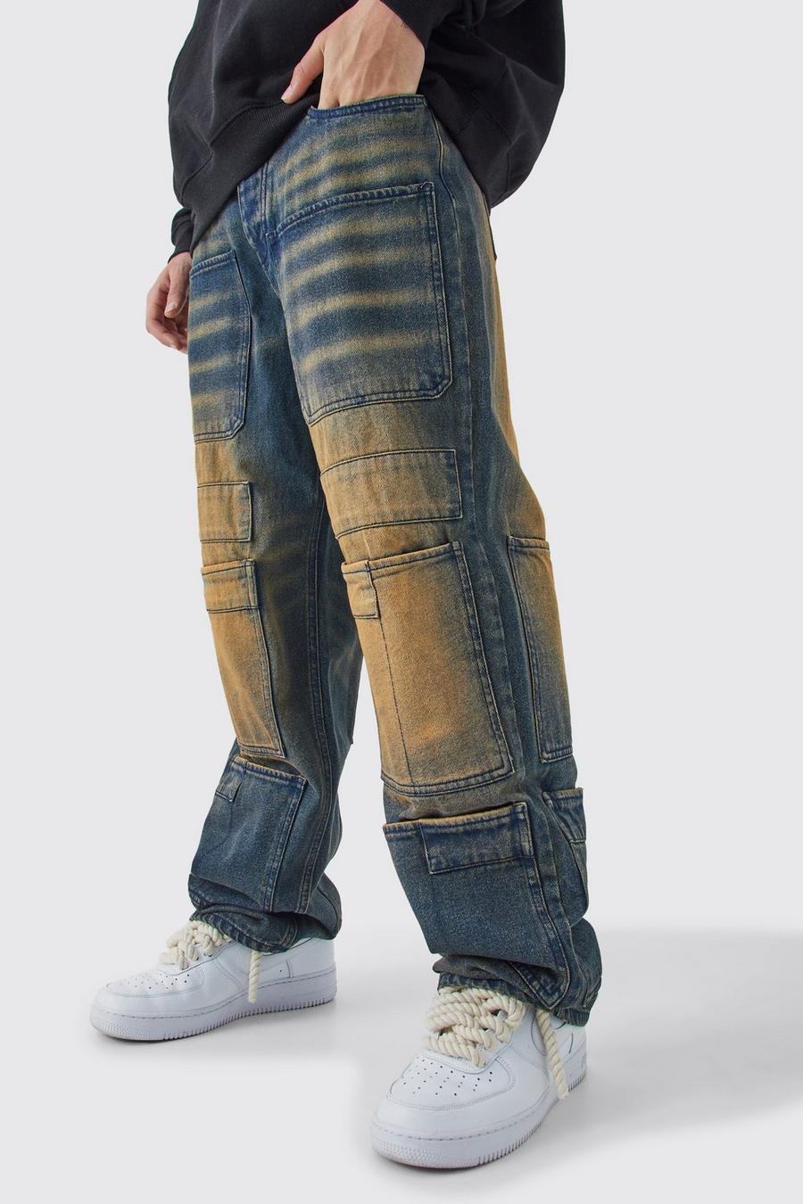Green Baggy Rigid Overdyed Multi Pocket Cargo Jeans