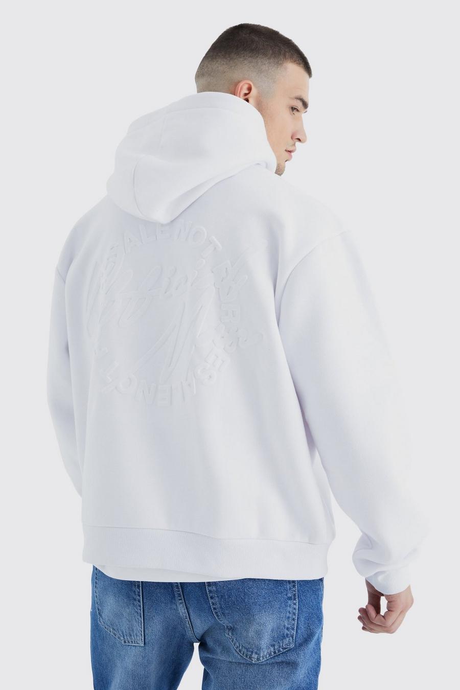 White Tall Oversized Official Man Boxy Hoodie Met Reliëf