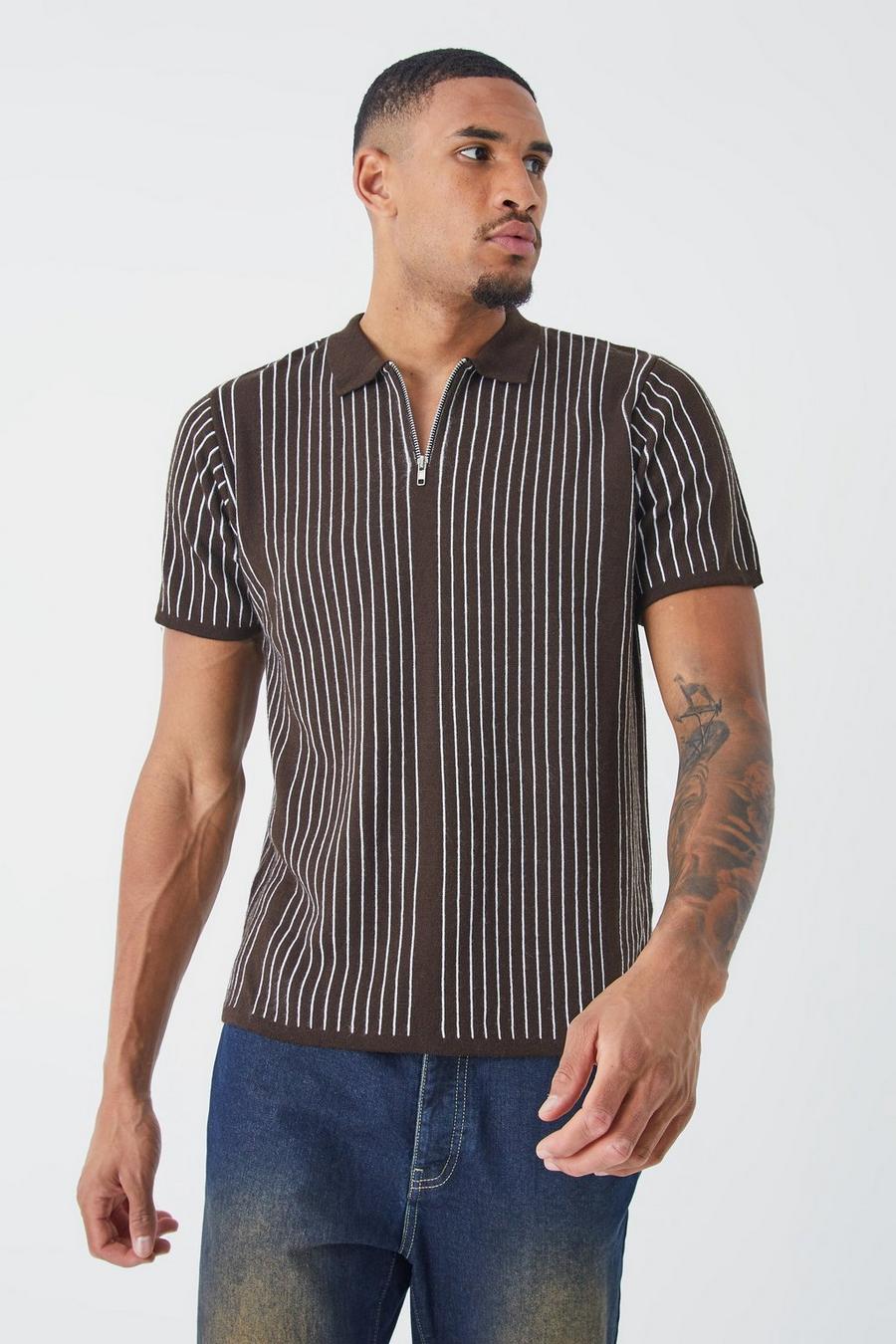 Taupe Tall Regular Vertical Stripe Knitted Half Zip Polo
