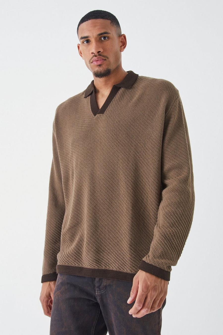 Taupe Tall Long Sleeved Oversized Contrast Collar Knitted slim Polo