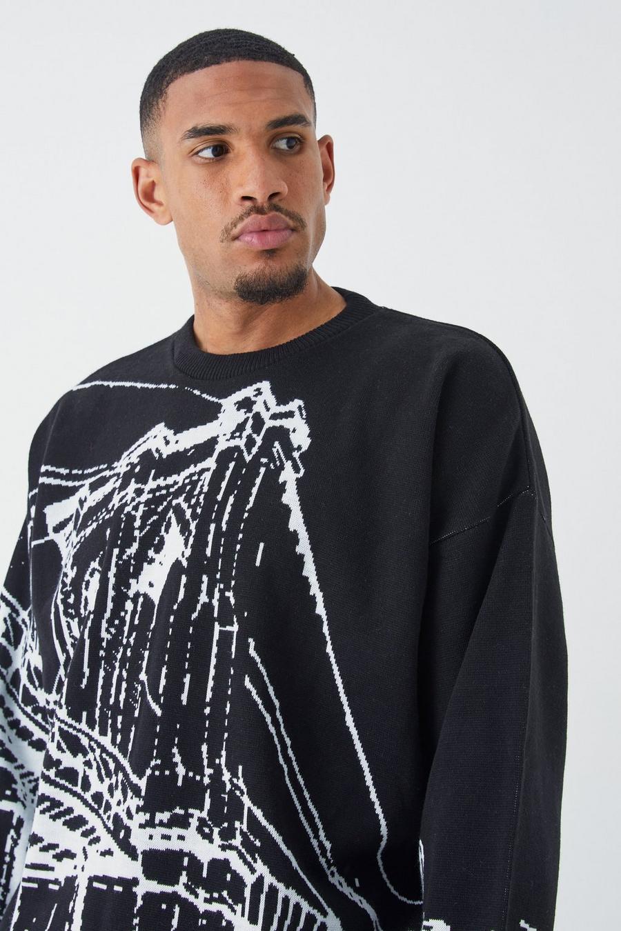 Tall Oversize Pullover mit Print, Black