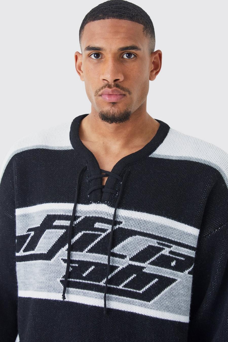 Black Tall Oversized Knitted Hockey Top With Tie Detail