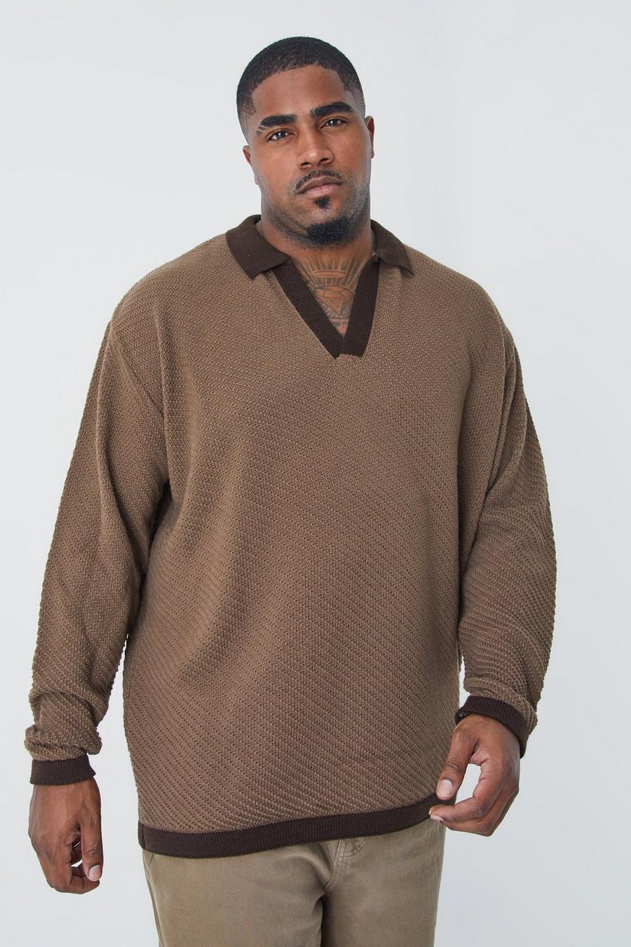Taupe Plus Long Sleeved Oversized Contrast Collar Knitted Polo