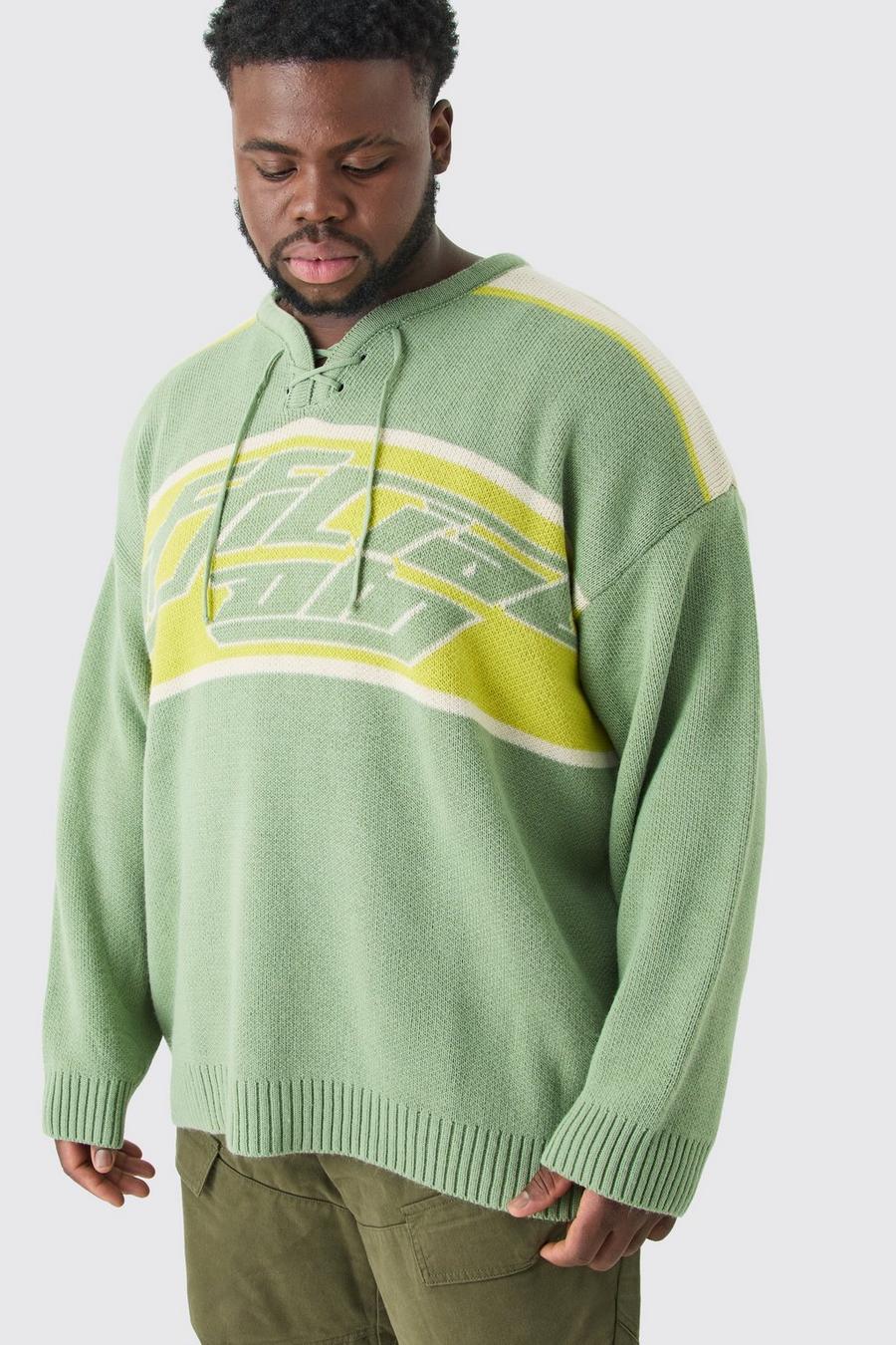 Green Plus Oversized Knitted Hockey Top With Tie Detail image number 1