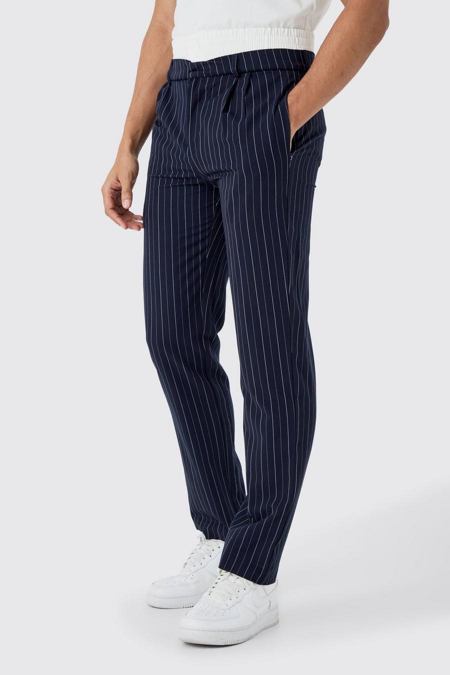 Navy Boxer Waistband Pinstripe Tailored Trousers