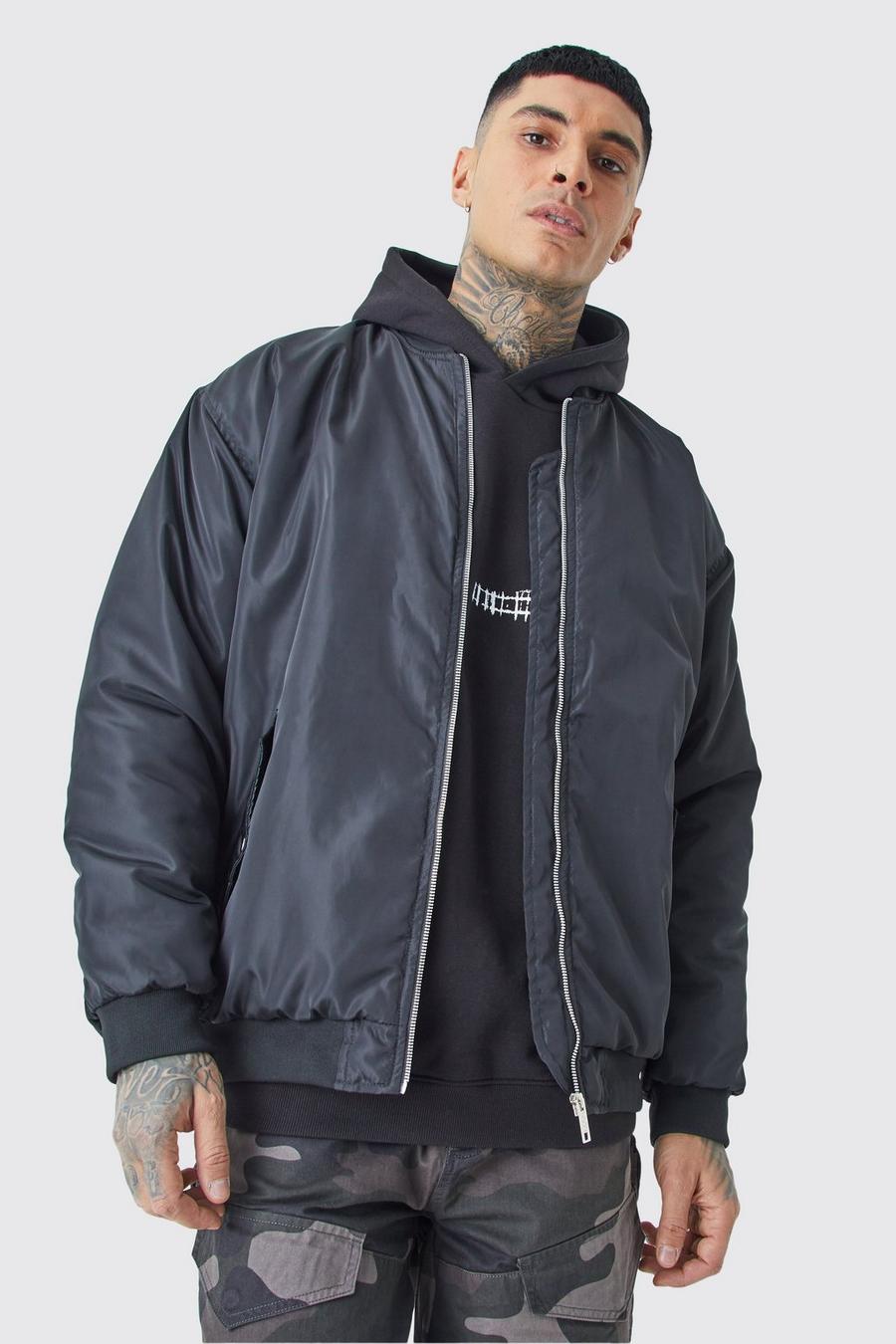 Black Tall Oversized Nylon Bomber With Ruched Sleeves