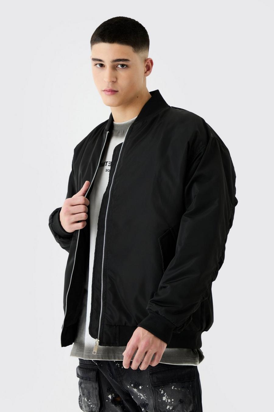 Black Oversized Nylon Bomber With Ruched Sleeves