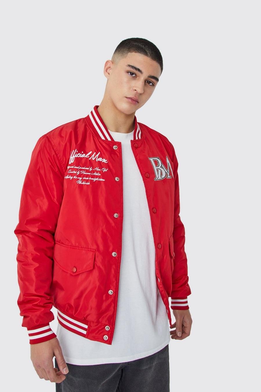 Red Nylon Varsity Jacket Met Badges