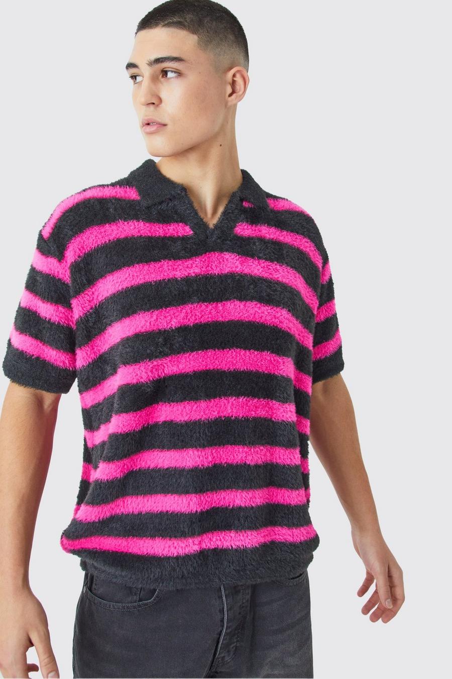 Multi Oversized Fluffy Stripe Knitted Polo image number 1
