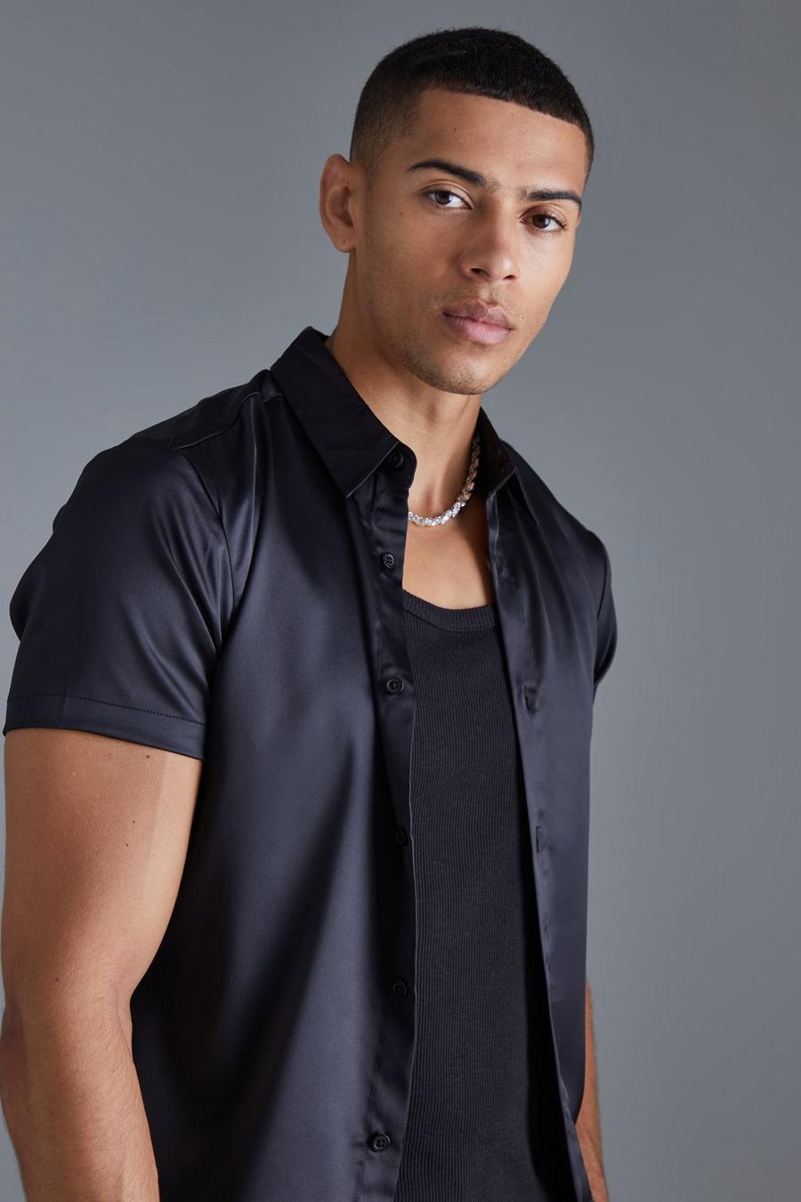 Camicia attillata a maniche corte in raso, Black image number 1