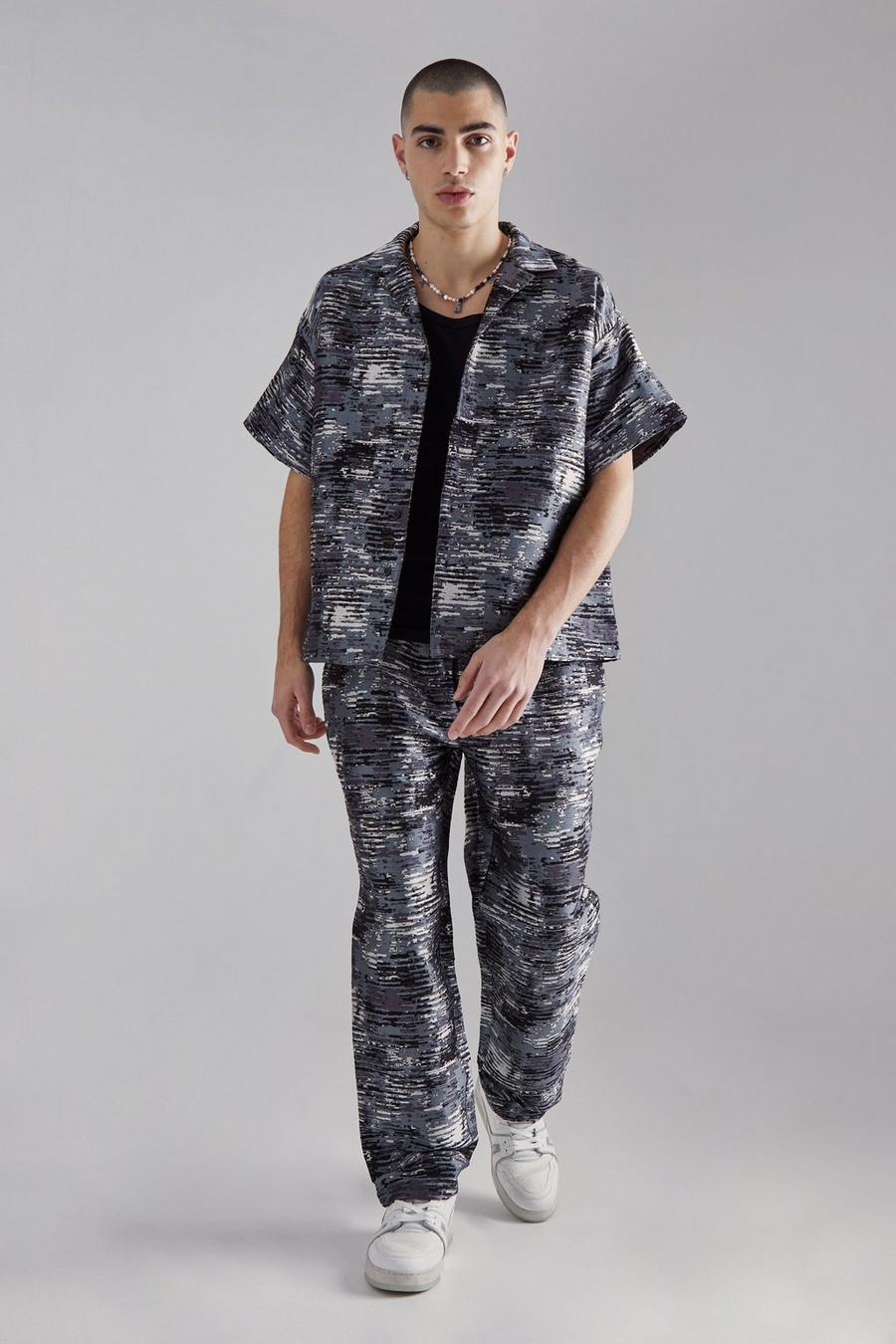 Grey Boxy Textured Camo Shirt And Trouser Set image number 1