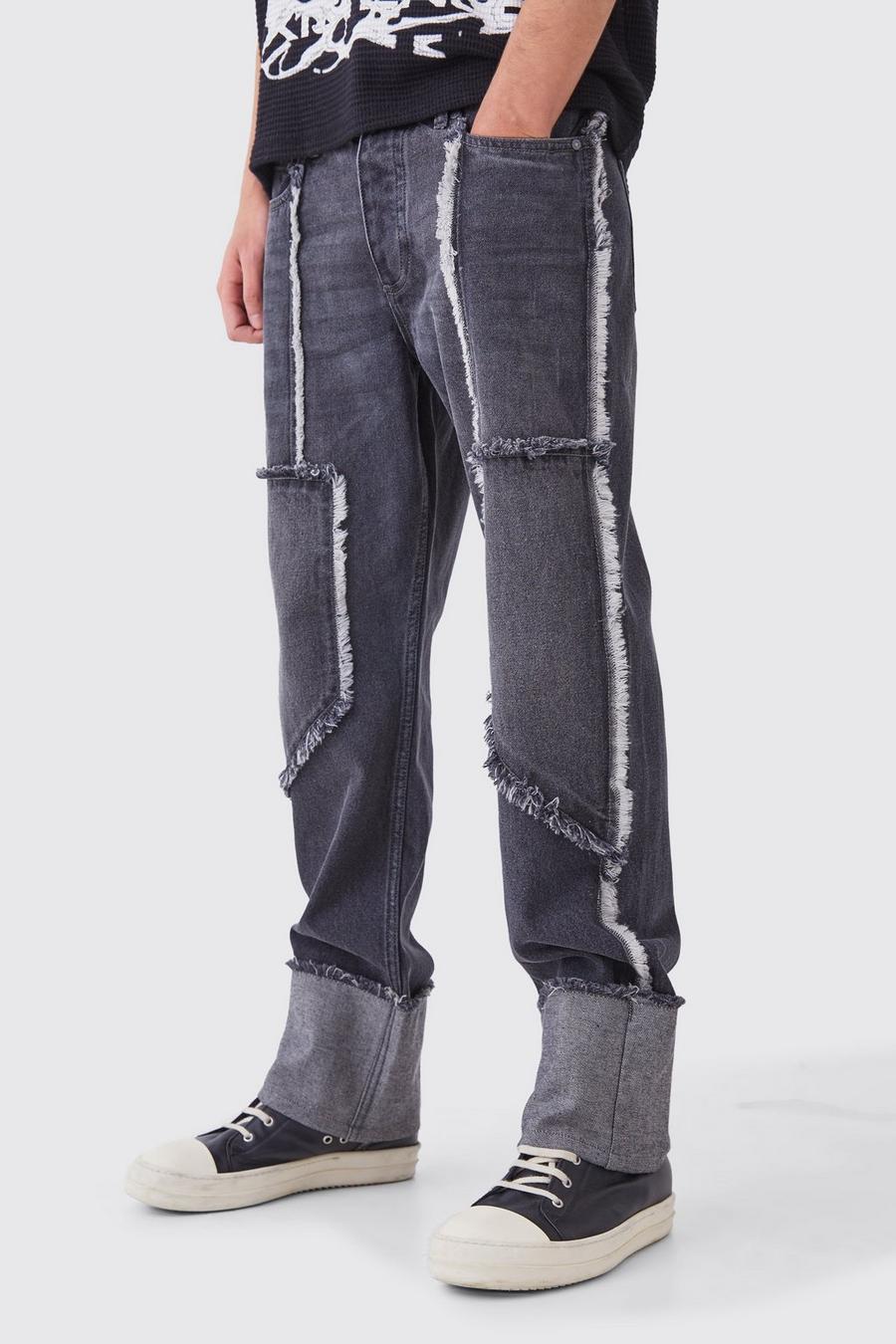 Jeans rilassati in denim rigido effetto smagliato con cuciture, Washed black image number 1