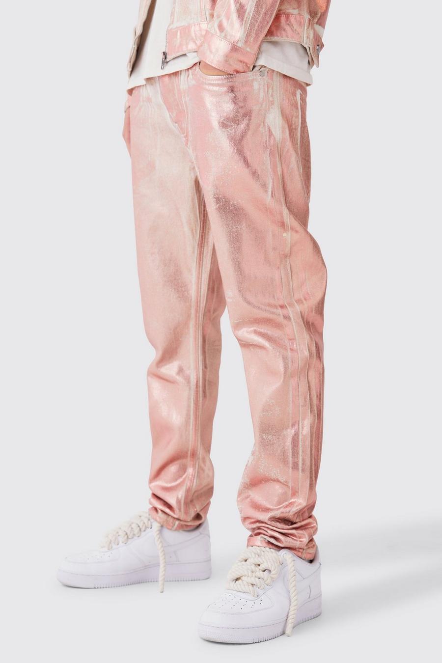 Jeans Slim Fit in denim rigido con stampa metallizzata, Pink