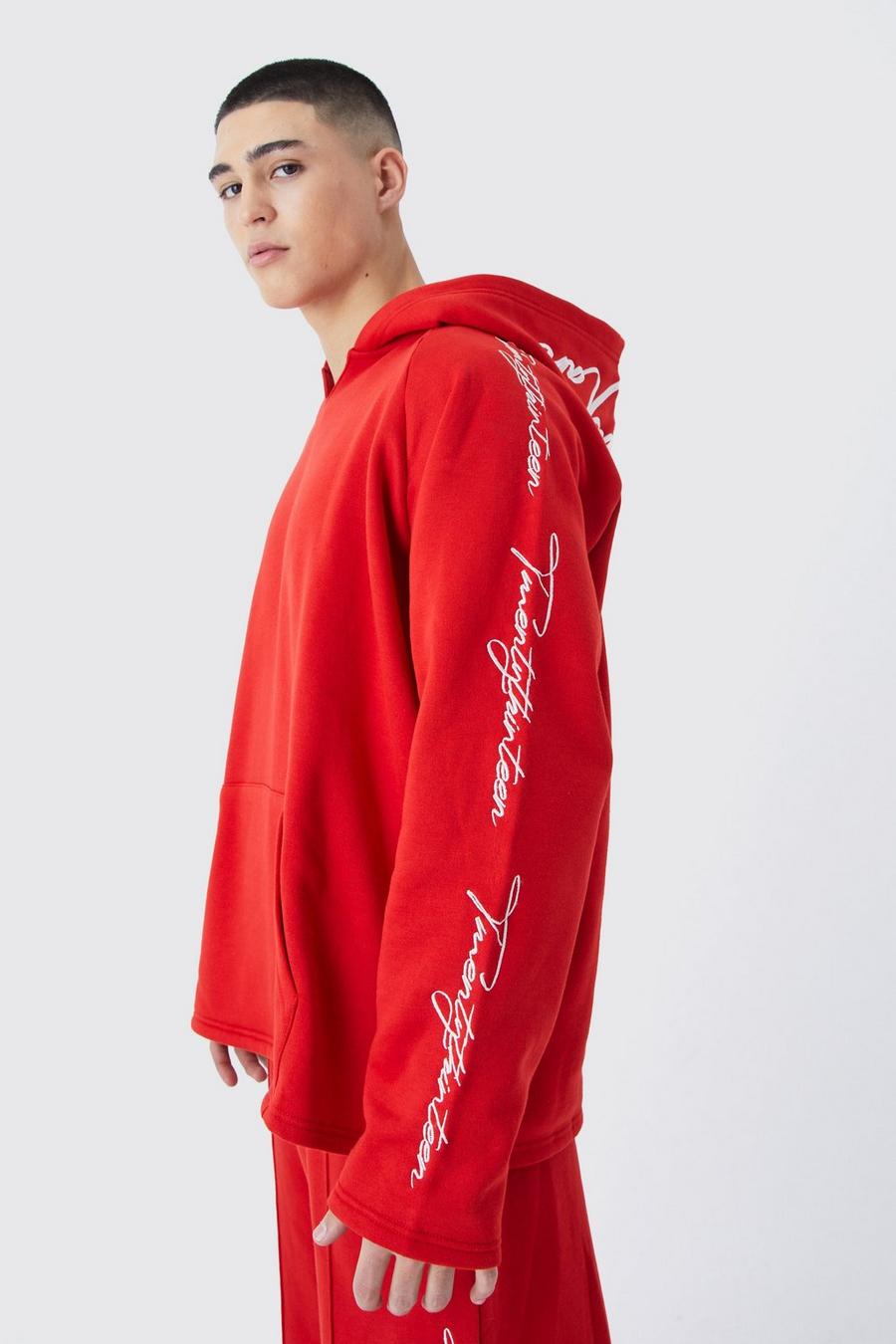 Red Oversized Raw Edge Script Embroidered Hoodie