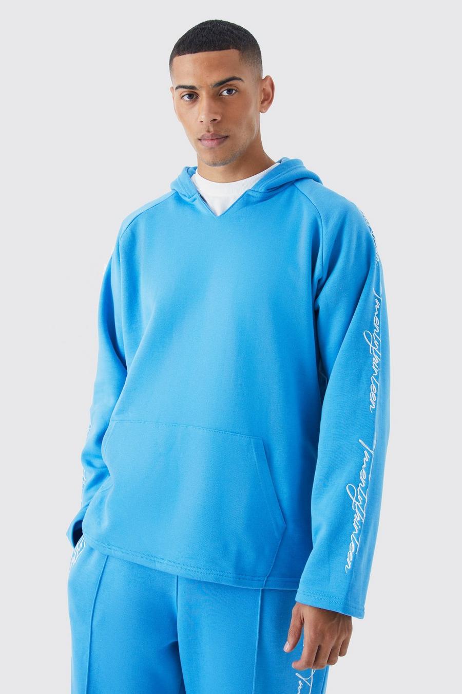 Blue Oversized Raw Edge Script Embroidered Hoodie image number 1