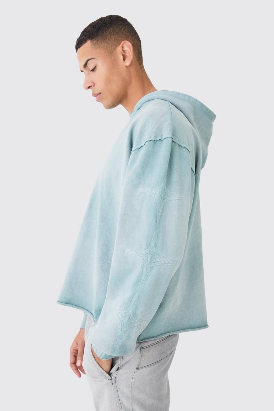 Sage Oversized Boxy Raw Hem Washed Quilted Hoodie