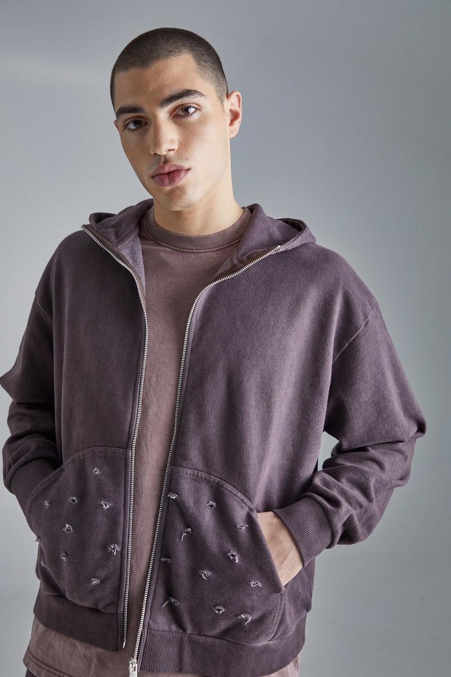 Chocolate Oversized Boxy Distressed Washed Hoodie