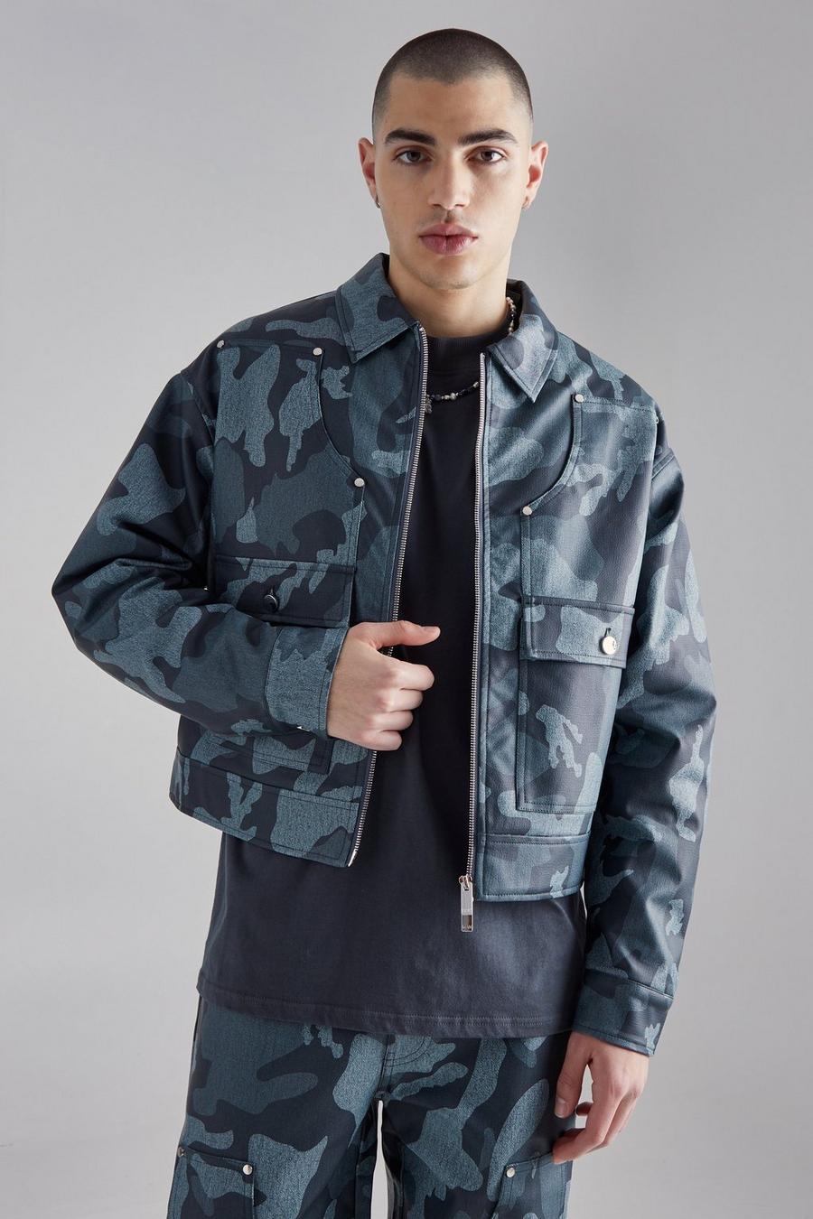 Teal Gebleekte Boxy PU Camo Harrington Jas