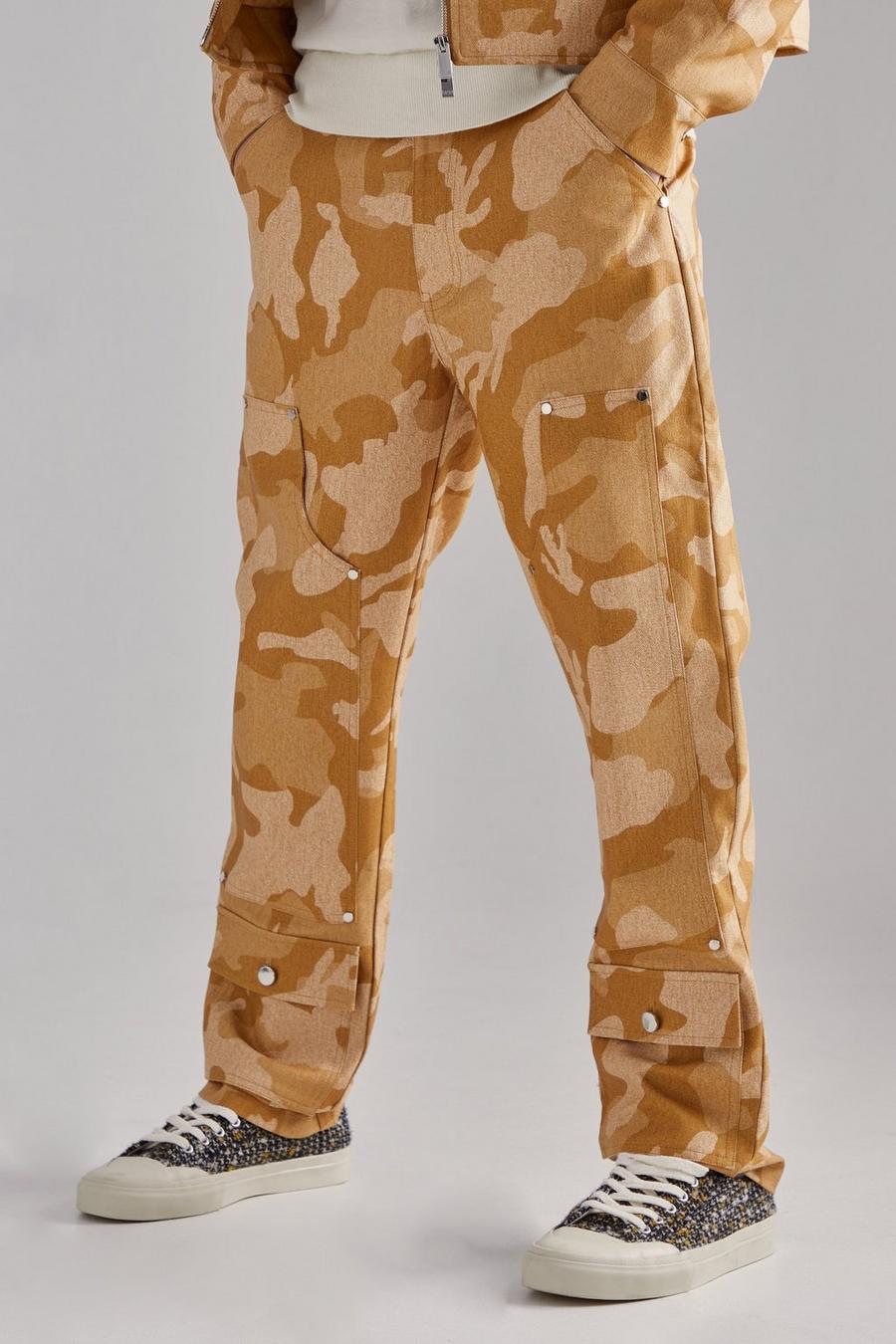 Tan Fixed Waist Straight Fit Camo Carpenter Trousers